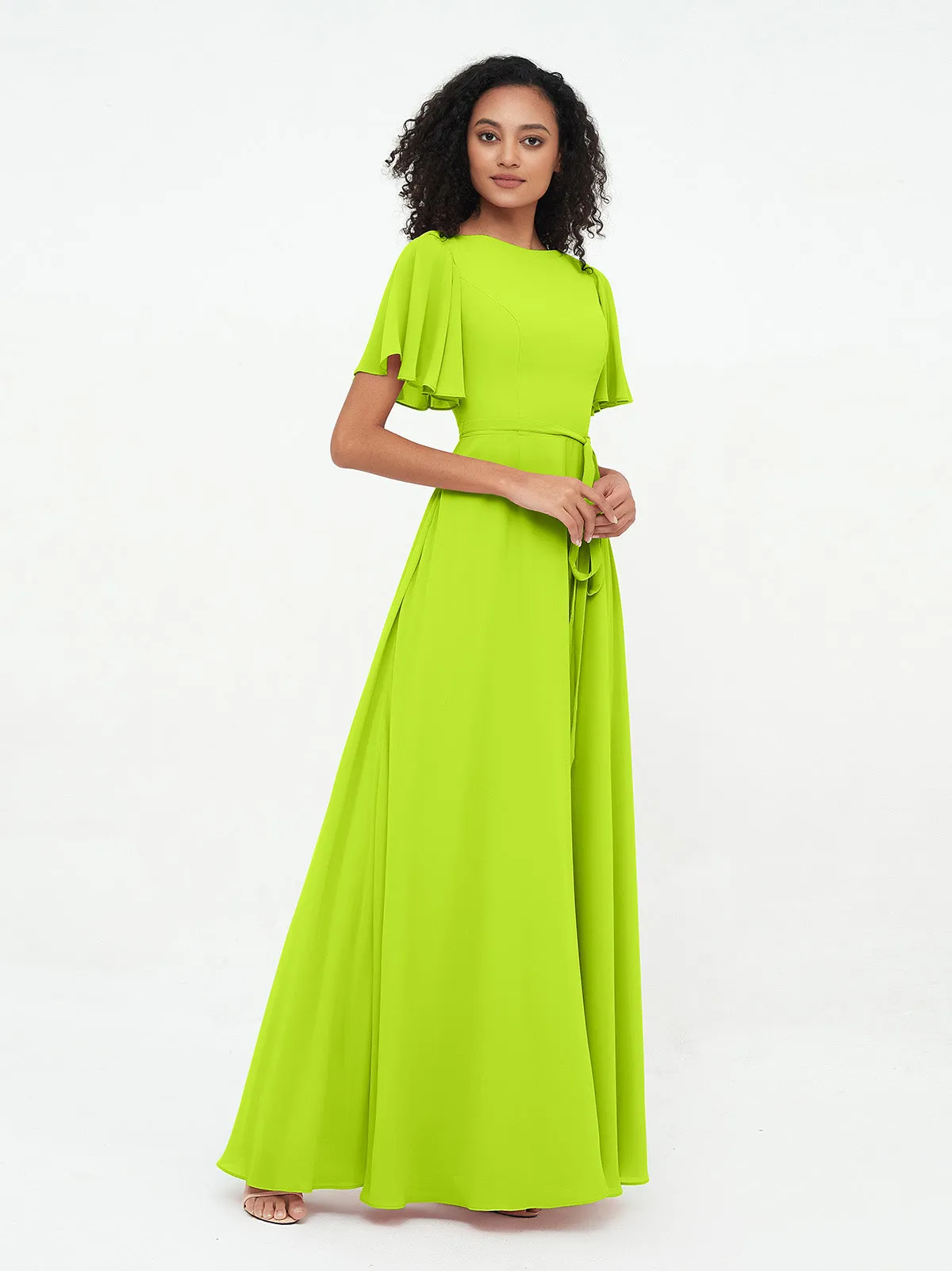 Flutter Sleeves Chiffon Max Dresses with Sash Bow-Lime Green