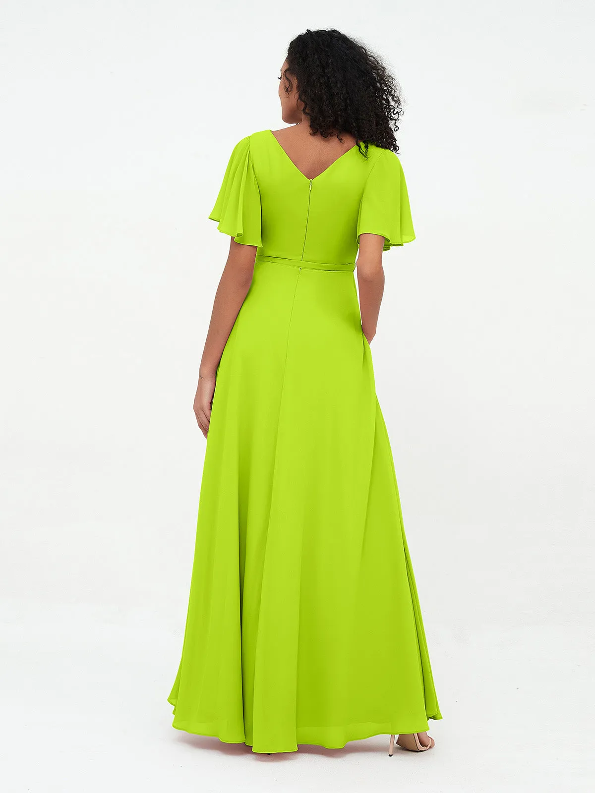 Flutter Sleeves Chiffon Max Dresses with Sash Bow-Lime Green