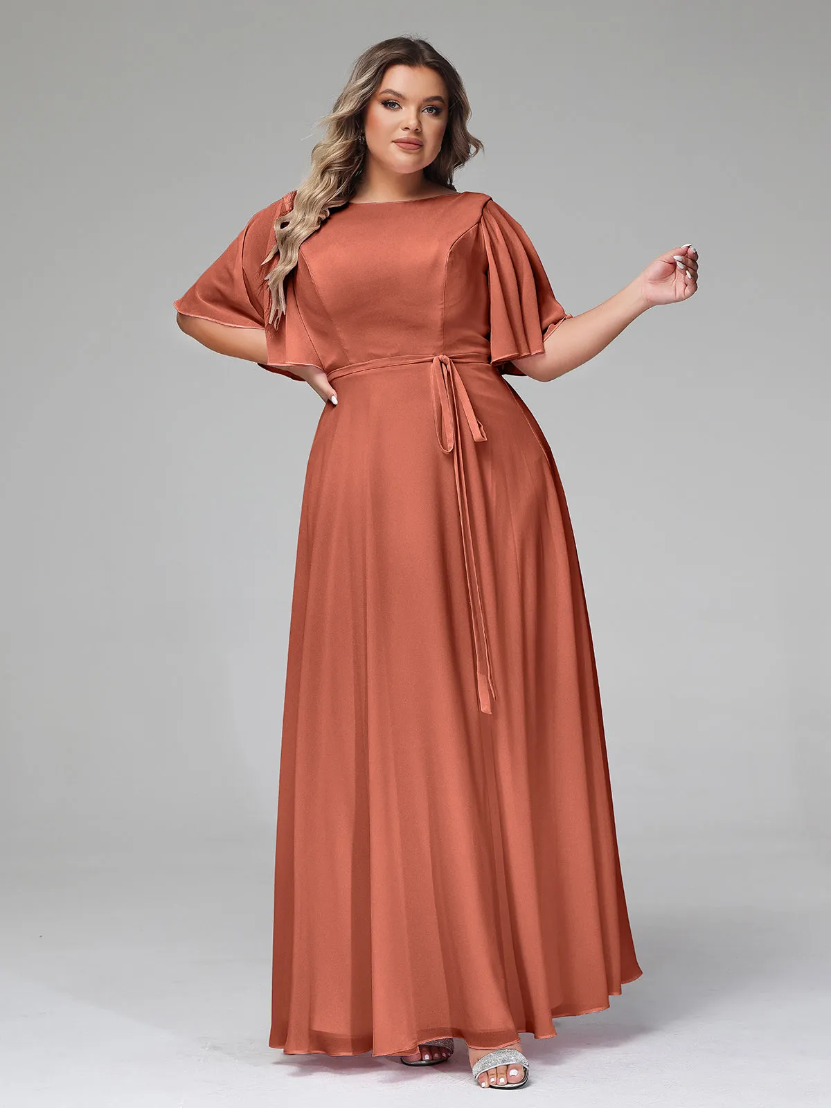 Flutter Sleeves Chiffon Max Dresses with Sash Bow-Rust Plus Size