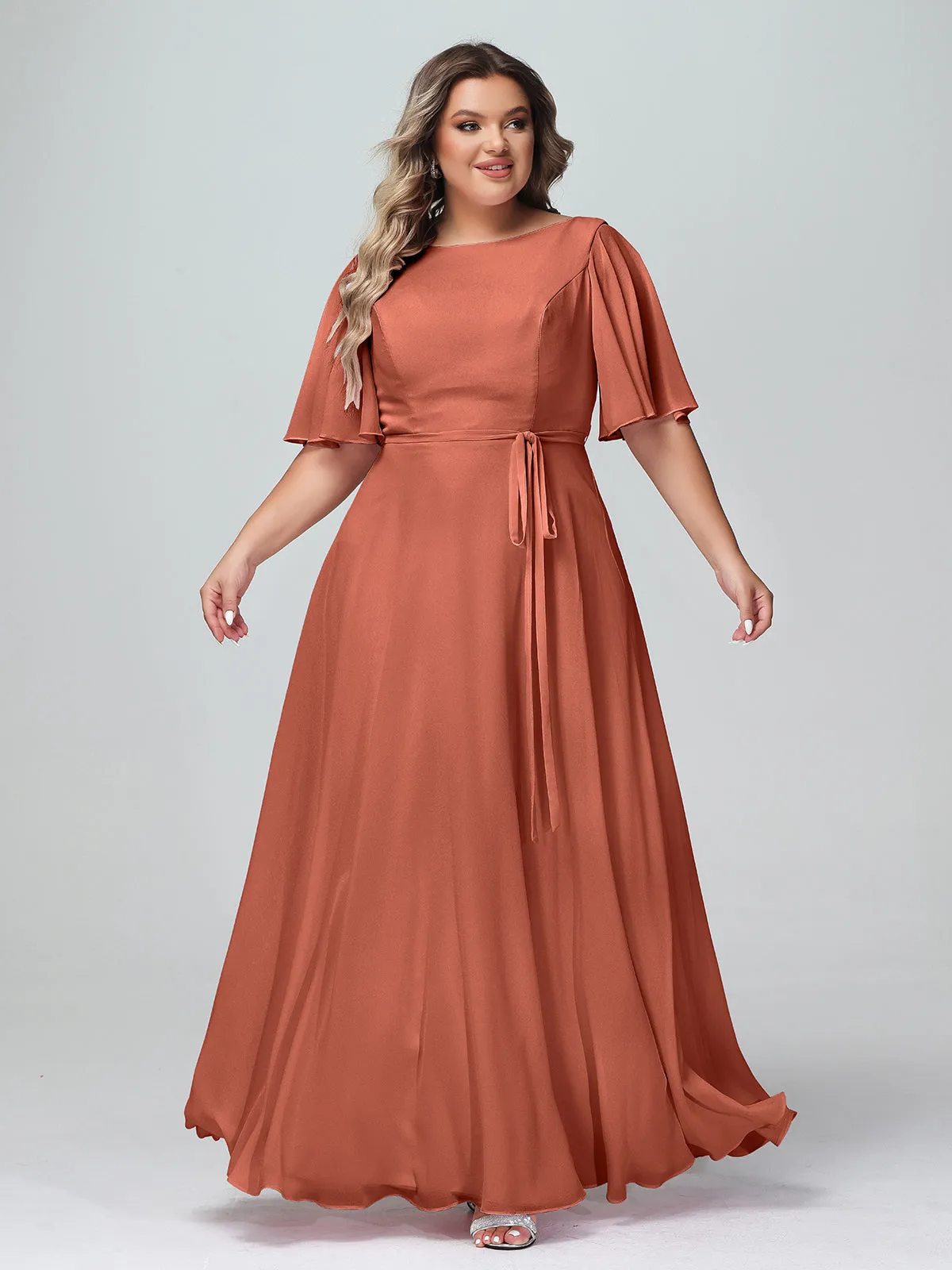 Flutter Sleeves Chiffon Max Dresses with Sash Bow-Rust Plus Size