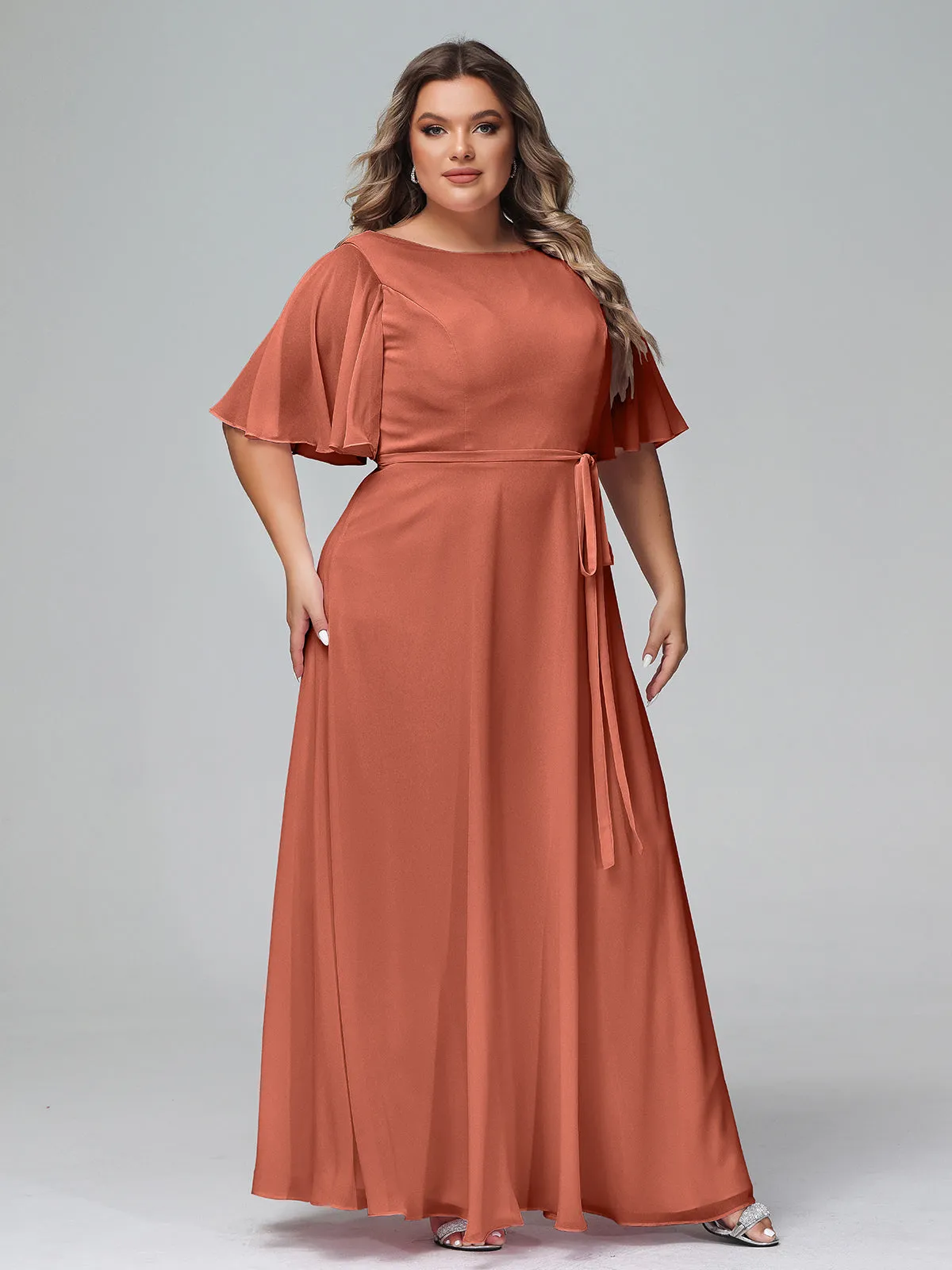 Flutter Sleeves Chiffon Max Dresses with Sash Bow-Rust Plus Size