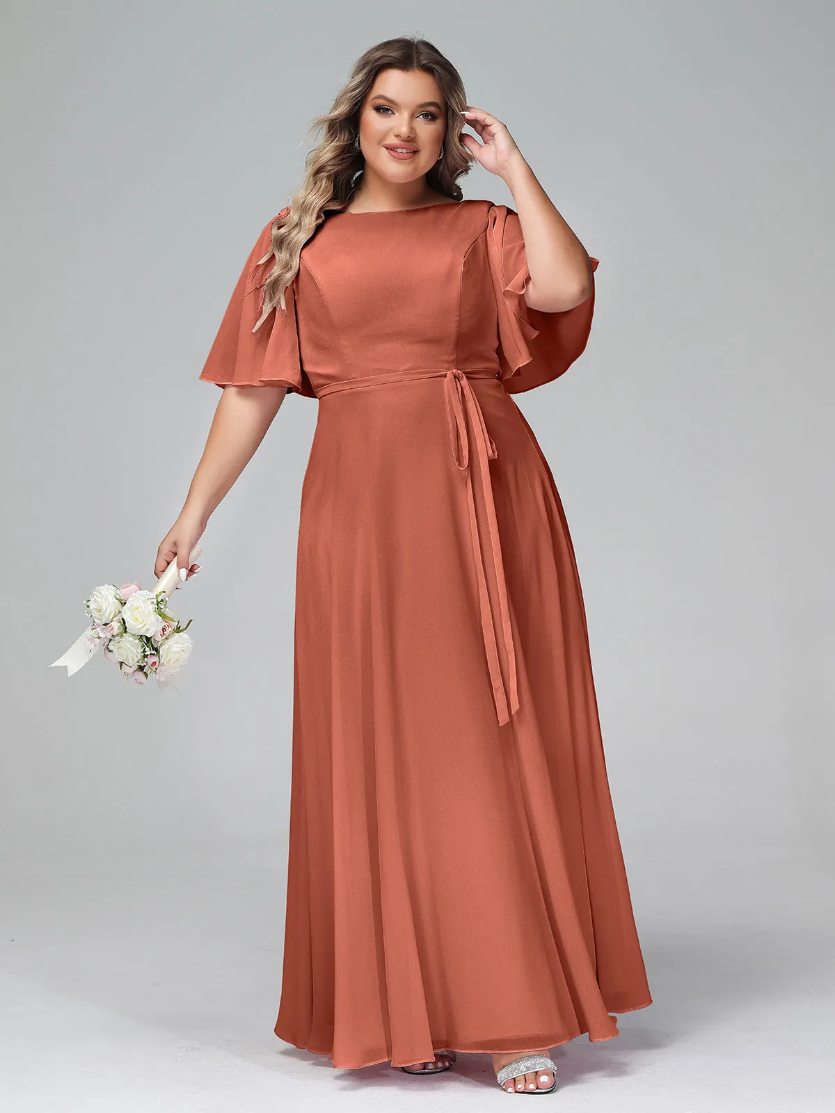 Flutter Sleeves Chiffon Max Dresses with Sash Bow-Rust Plus Size
