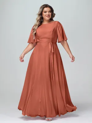 Flutter Sleeves Chiffon Max Dresses with Sash Bow-Rust Plus Size