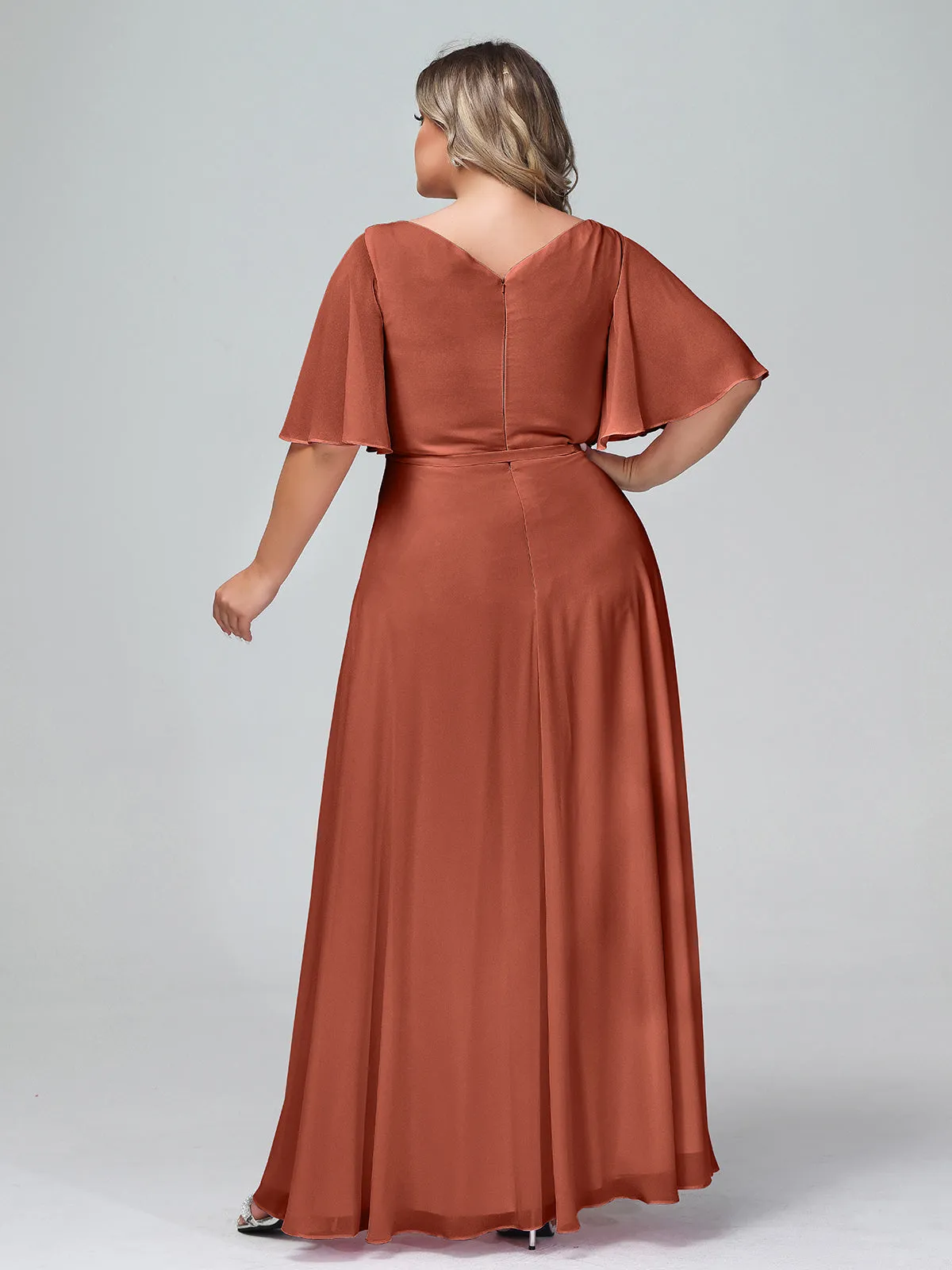 Flutter Sleeves Chiffon Max Dresses with Sash Bow-Rust Plus Size