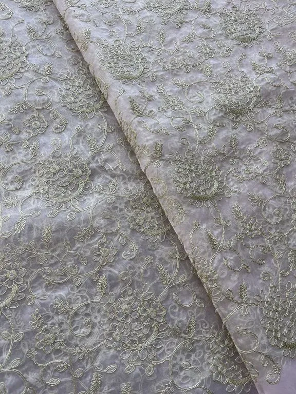 Golden Floral Pitta Embroidered Organza Fabric