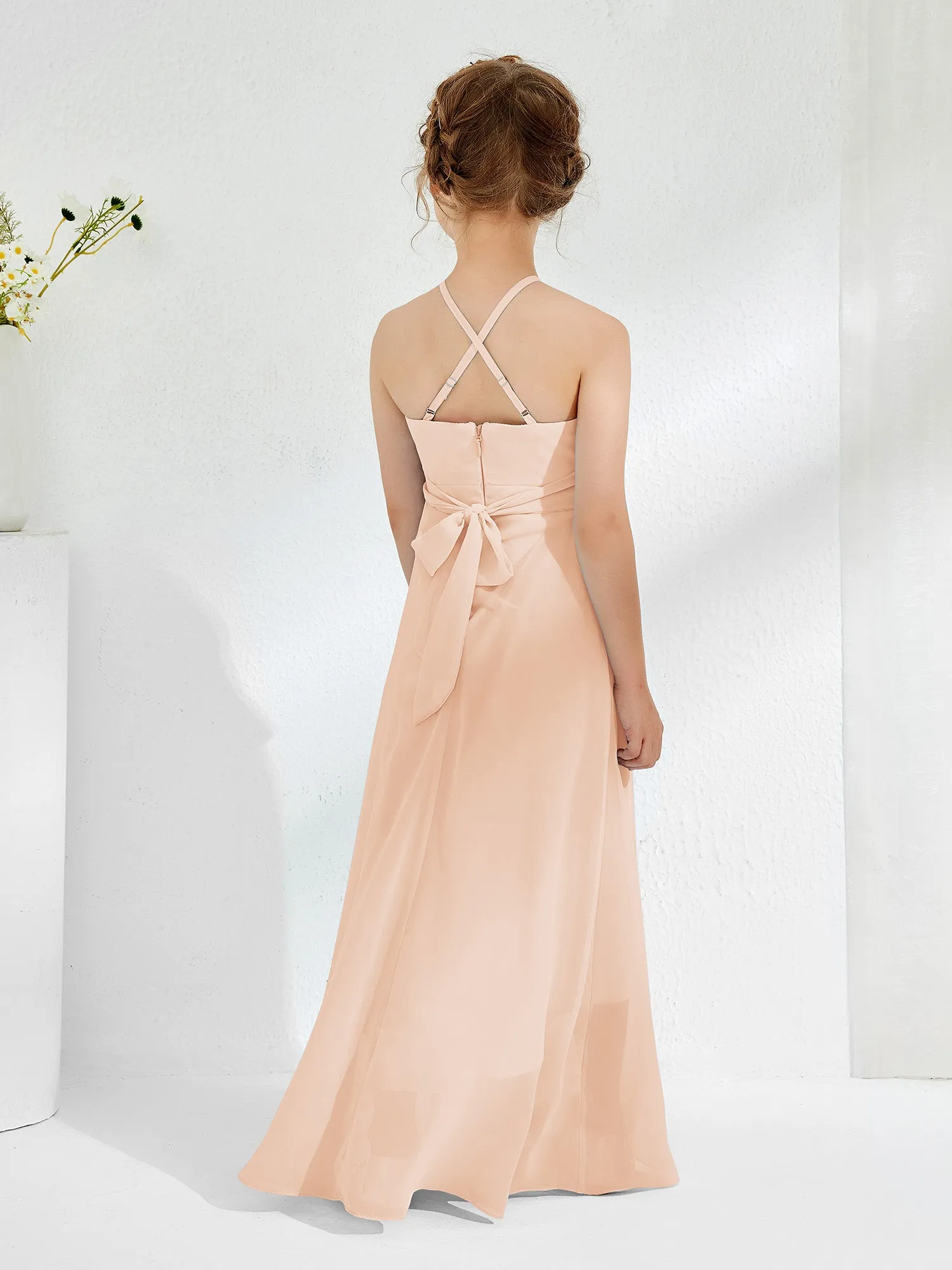 Halter Neckline Junior Bridesmaid Dresses with Sash Pearl Pink