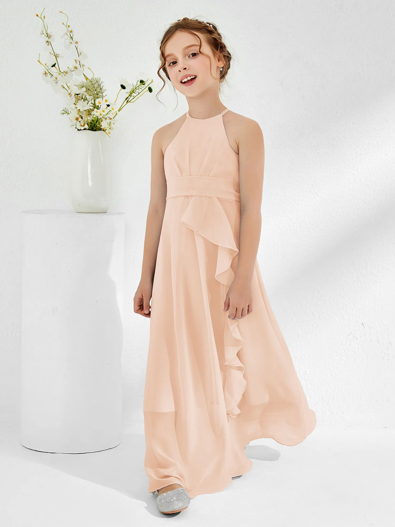 Halter Neckline Junior Bridesmaid Dresses with Sash Pearl Pink