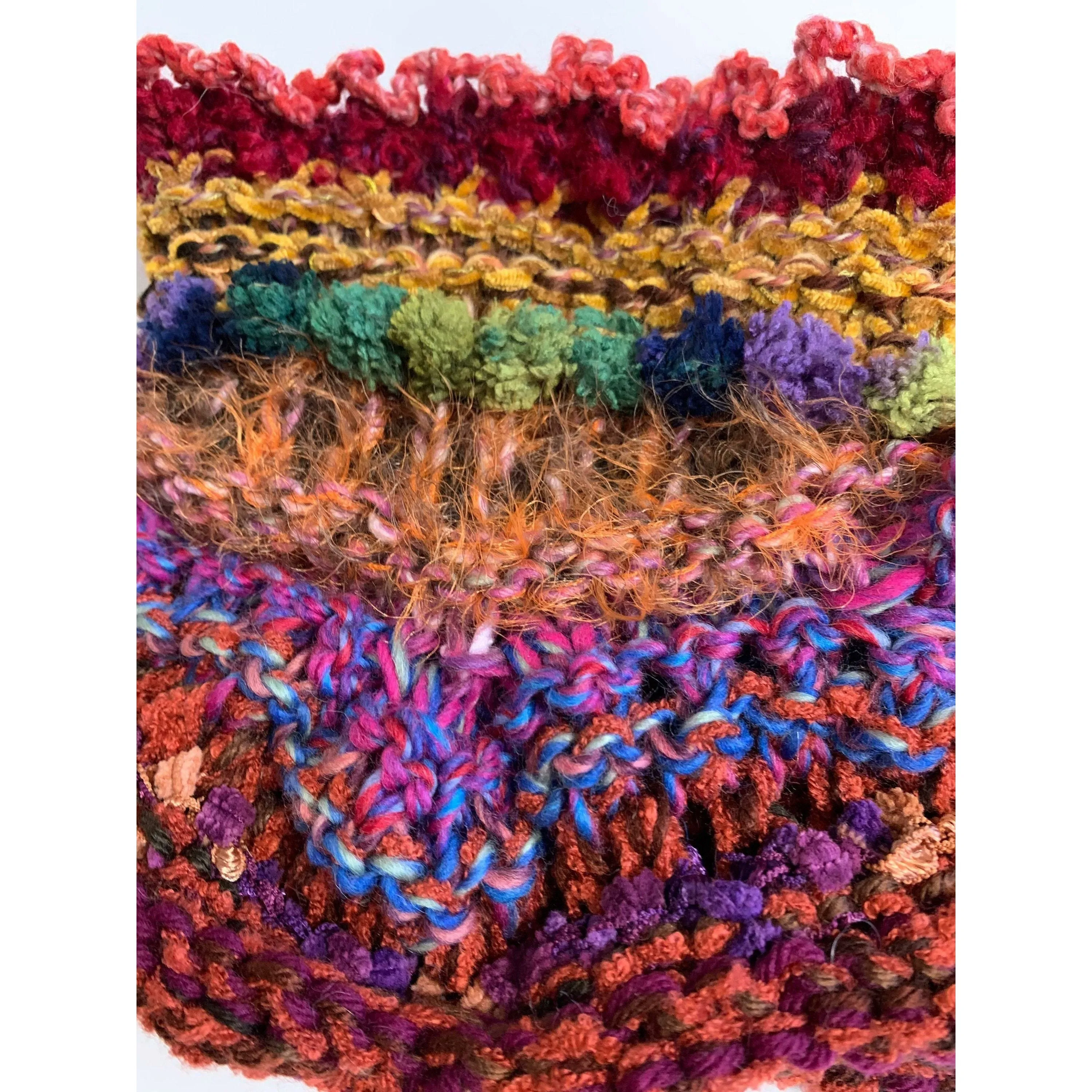 Hand knit in one piece soft infinity scarf adornment with multiple stitch and color textures. Winter scarf.