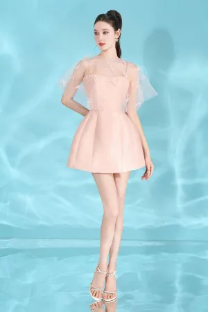 Keira A-line Cape Shoulder Taffeta Mini Dress
