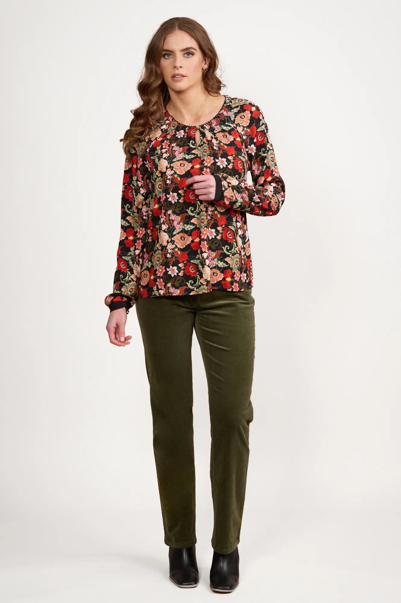 Long Sleeved Top With Keyhole Neck - Flamenco