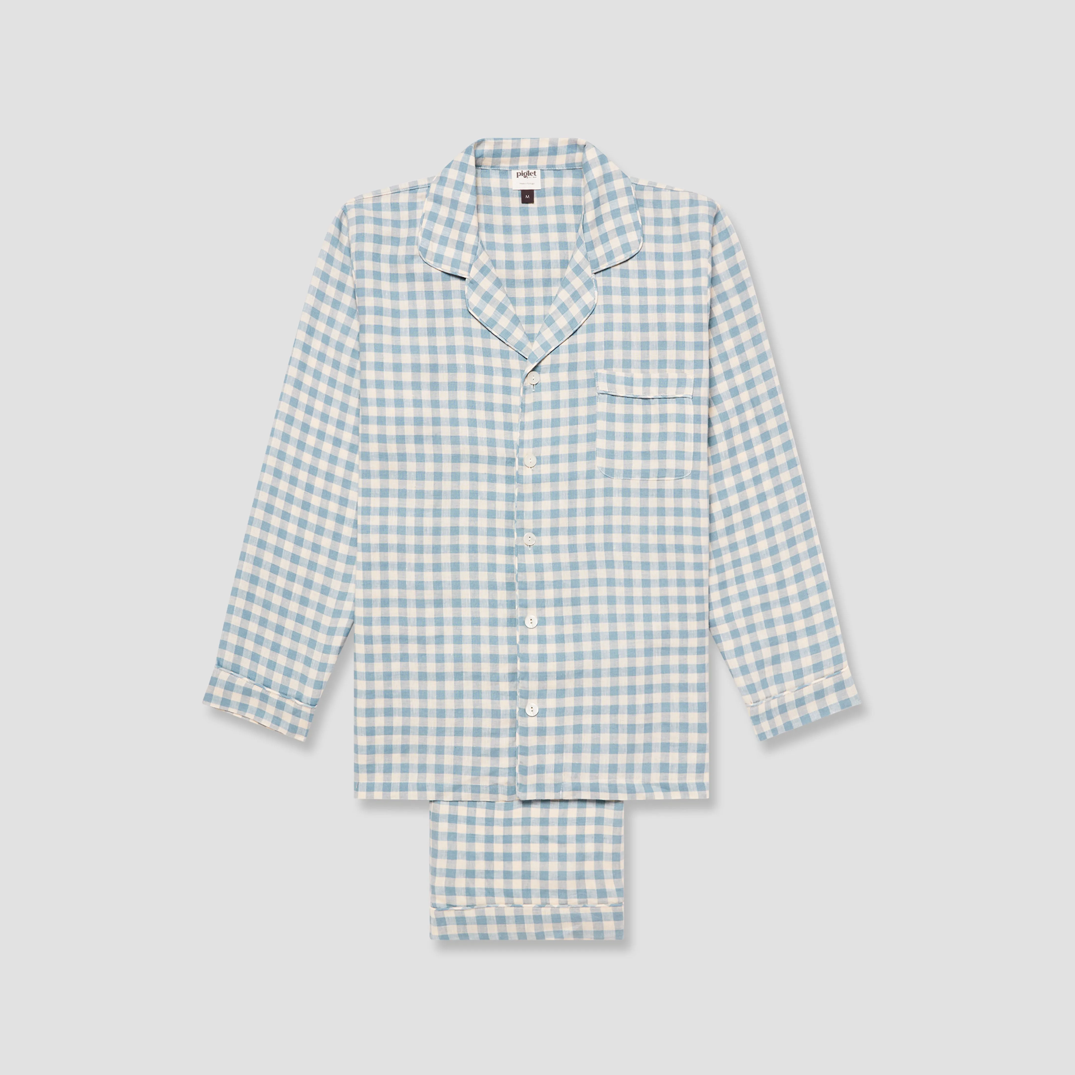 Men's Warm Blue Gingham Linen Pajama Pants Set