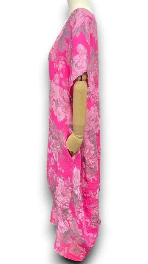 MID SLEEVE LINEN MAXI DRESS SCARLETT ROSE HOT PINK
