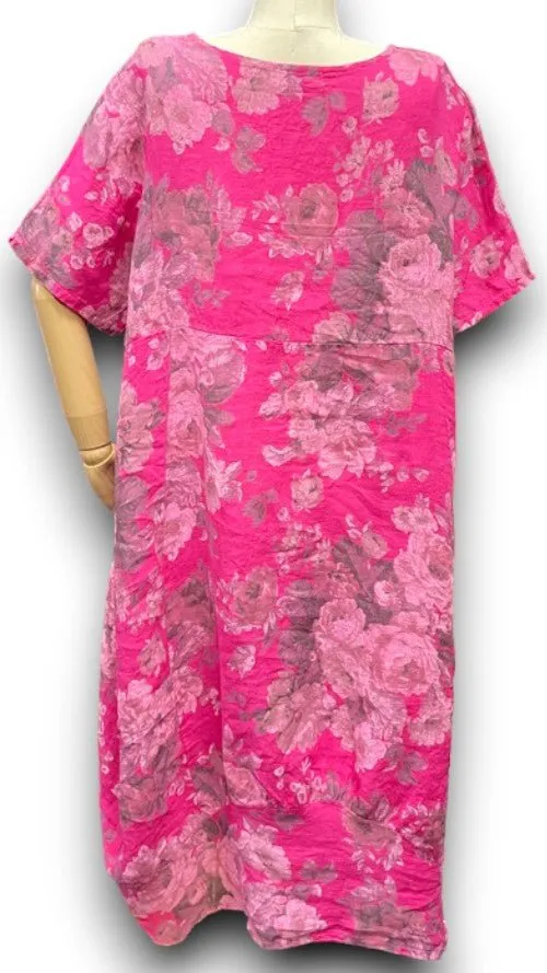 MID SLEEVE LINEN MAXI DRESS SCARLETT ROSE HOT PINK