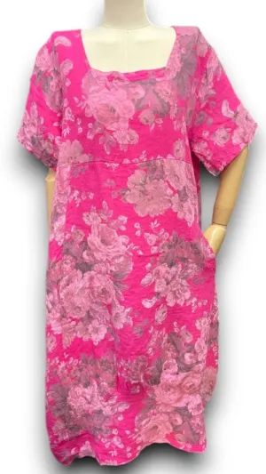 MID SLEEVE LINEN MAXI DRESS SCARLETT ROSE HOT PINK