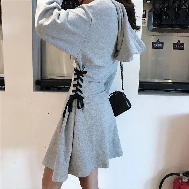 'Misery' Gray or Black Lace Up Hooded Dress