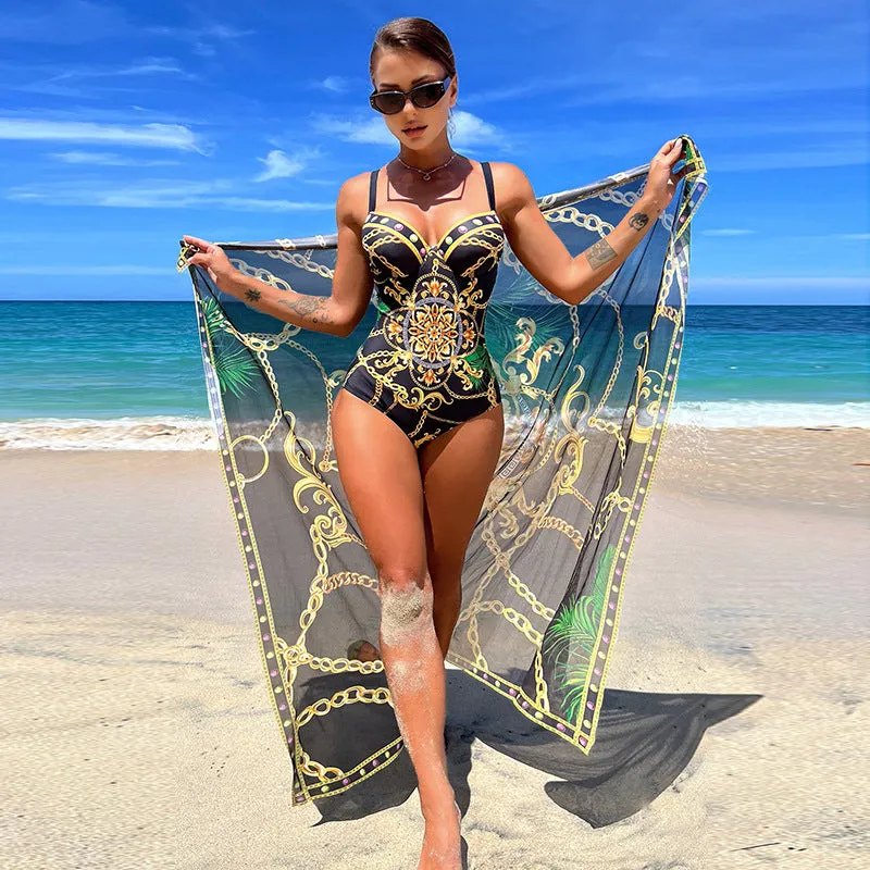 Plus Chain Print Push Up One Piece Swimsuit With Beach Skirt Black