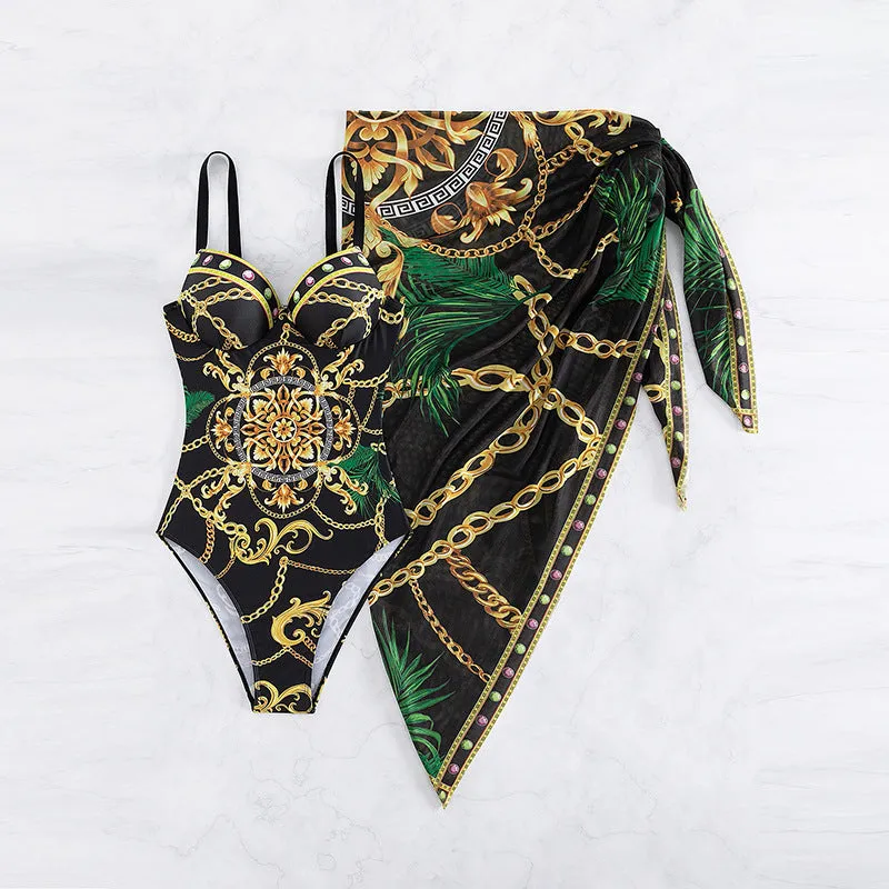 Plus Chain Print Push Up One Piece Swimsuit With Beach Skirt Black