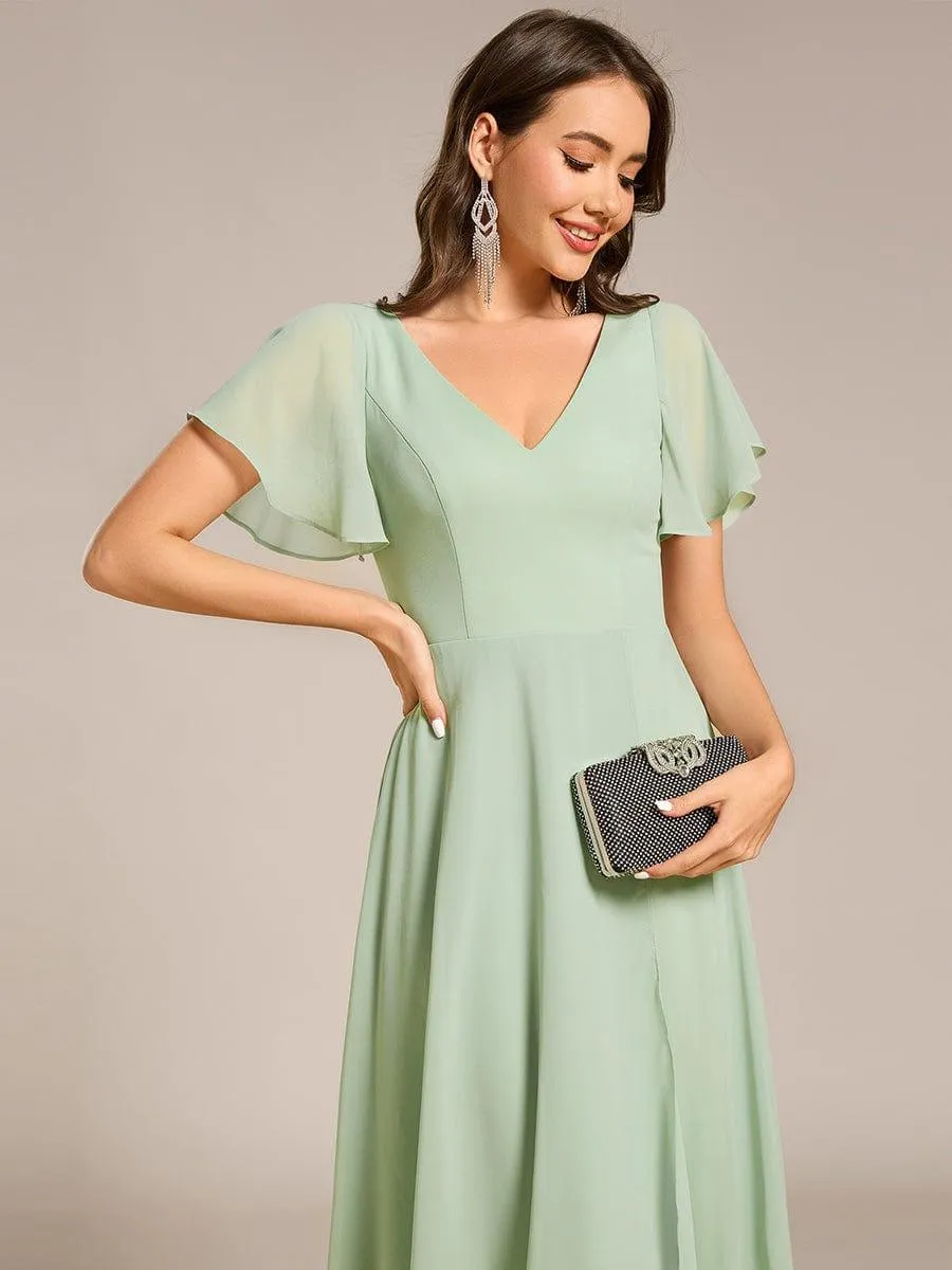 Rina | Flowing Chiffon V-Neck Ruffle Sleeves Bridesmaid Dress