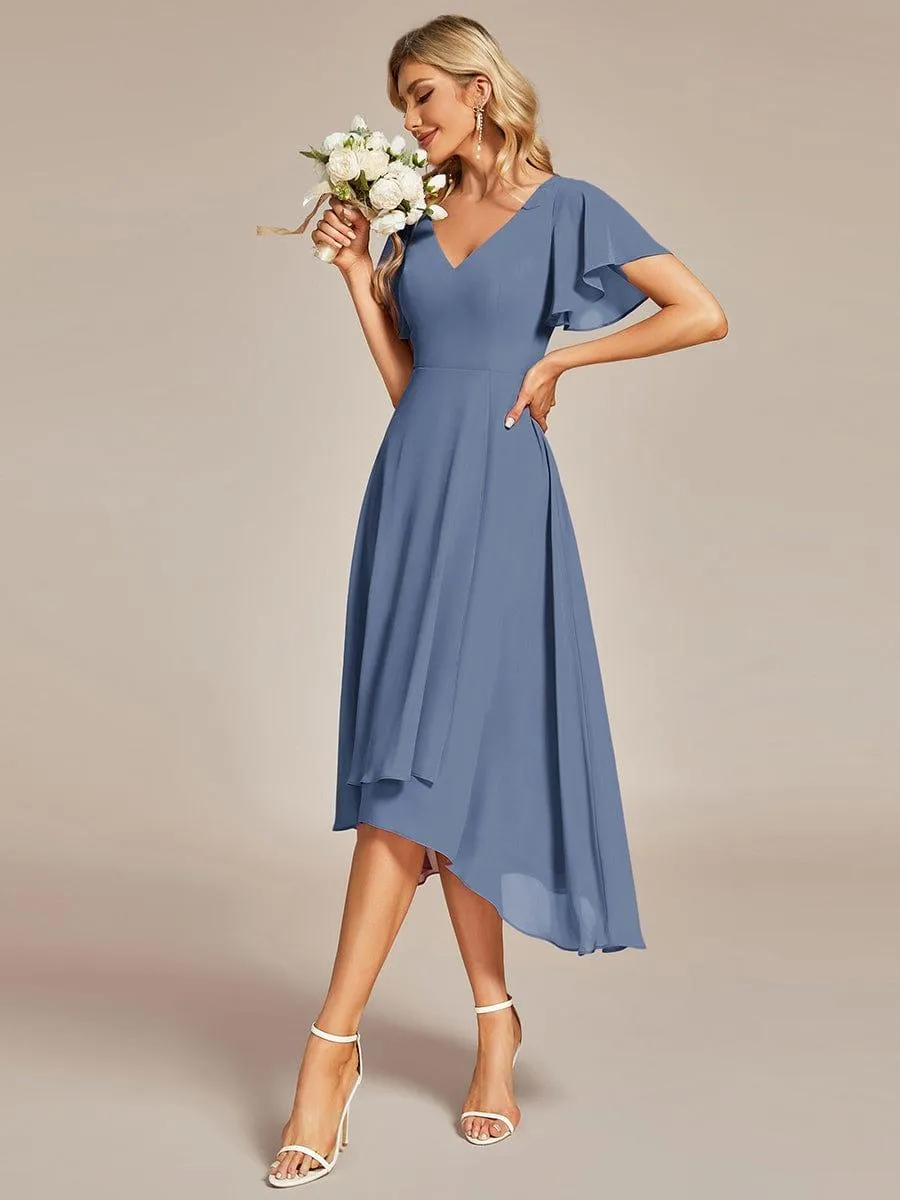 Rina | Flowing Chiffon V-Neck Ruffle Sleeves Bridesmaid Dress