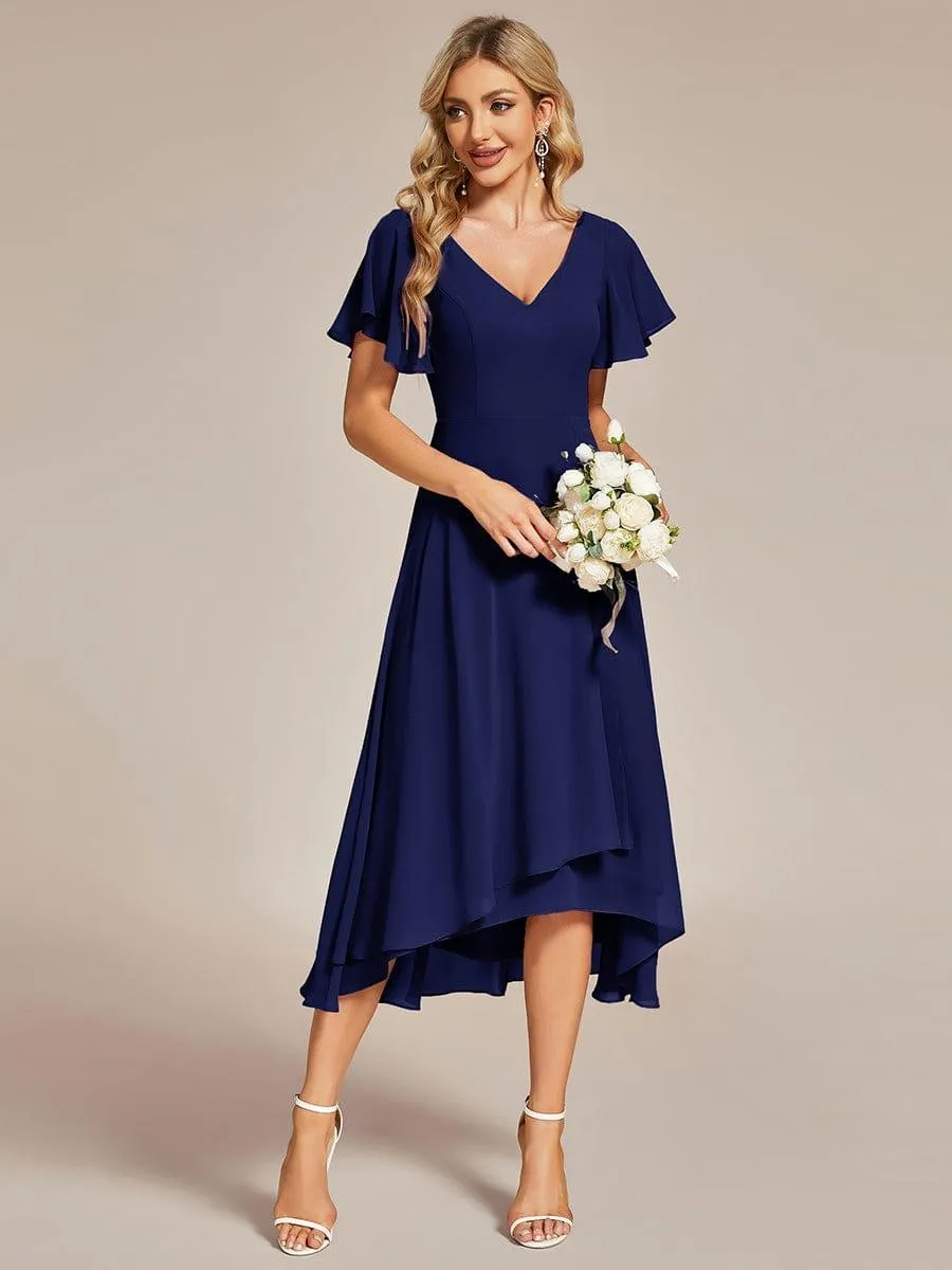 Rina | Flowing Chiffon V-Neck Ruffle Sleeves Bridesmaid Dress