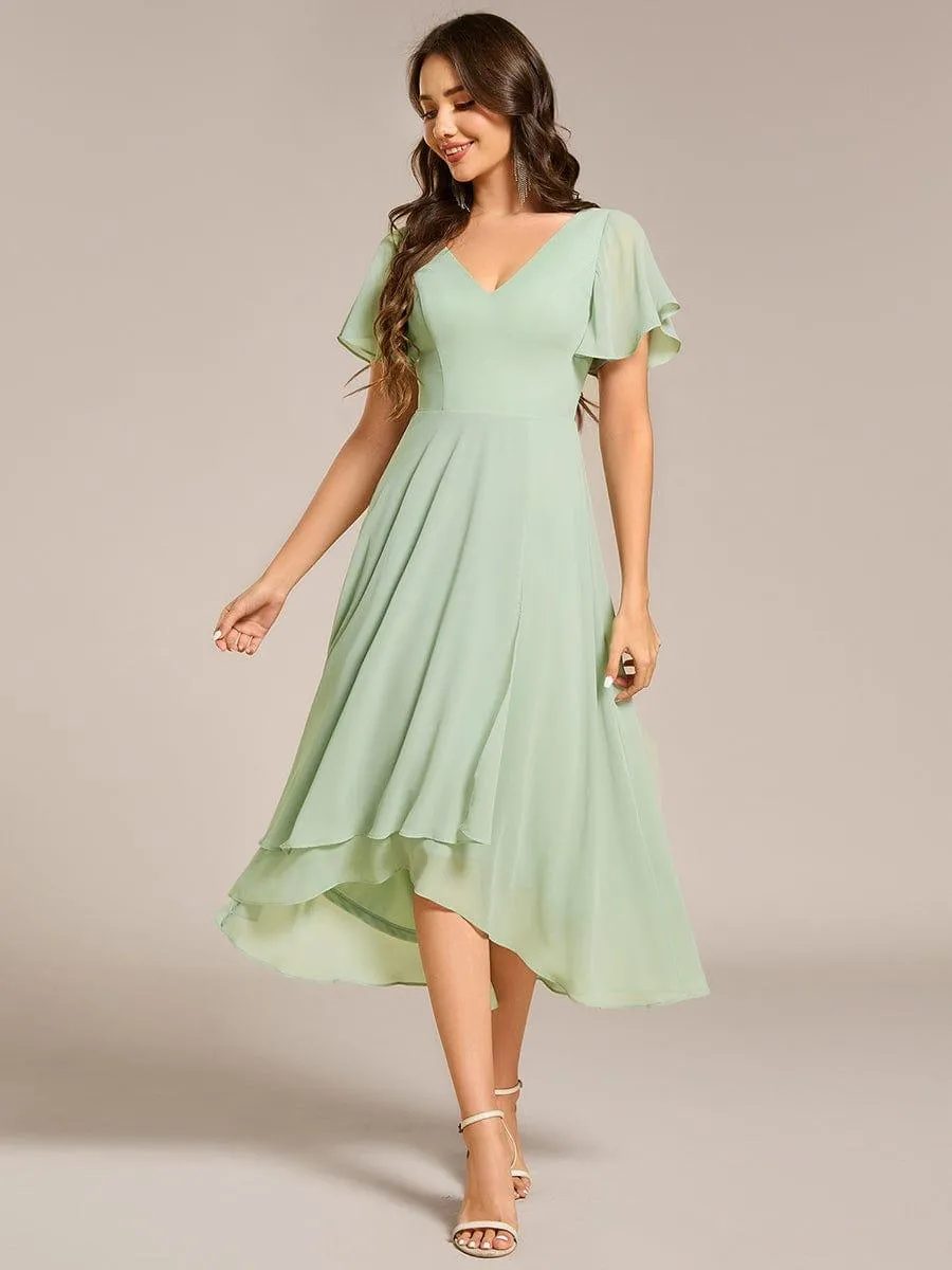 Rina | Flowing Chiffon V-Neck Ruffle Sleeves Bridesmaid Dress