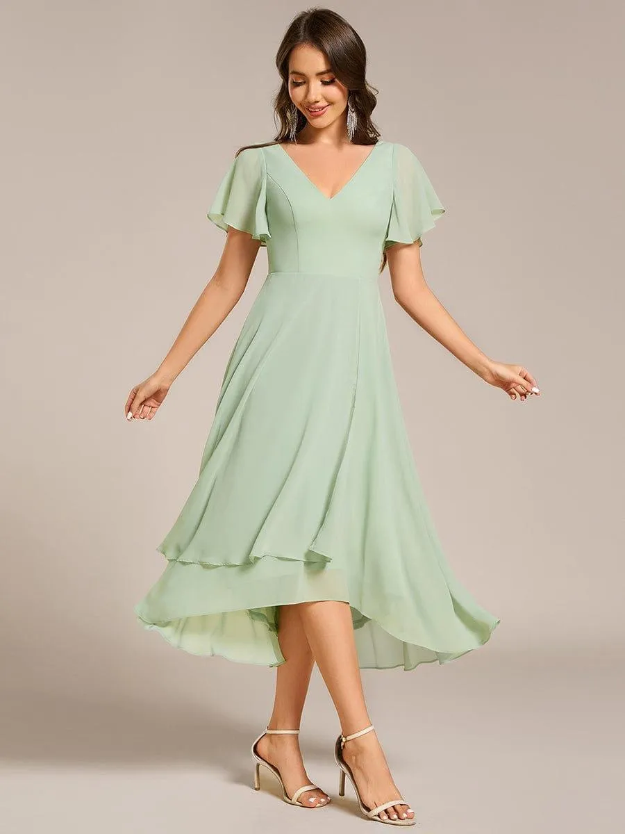 Rina | Flowing Chiffon V-Neck Ruffle Sleeves Bridesmaid Dress