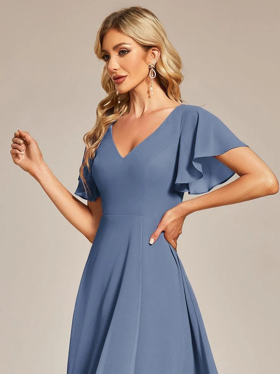 Rina | Flowing Chiffon V-Neck Ruffle Sleeves Bridesmaid Dress