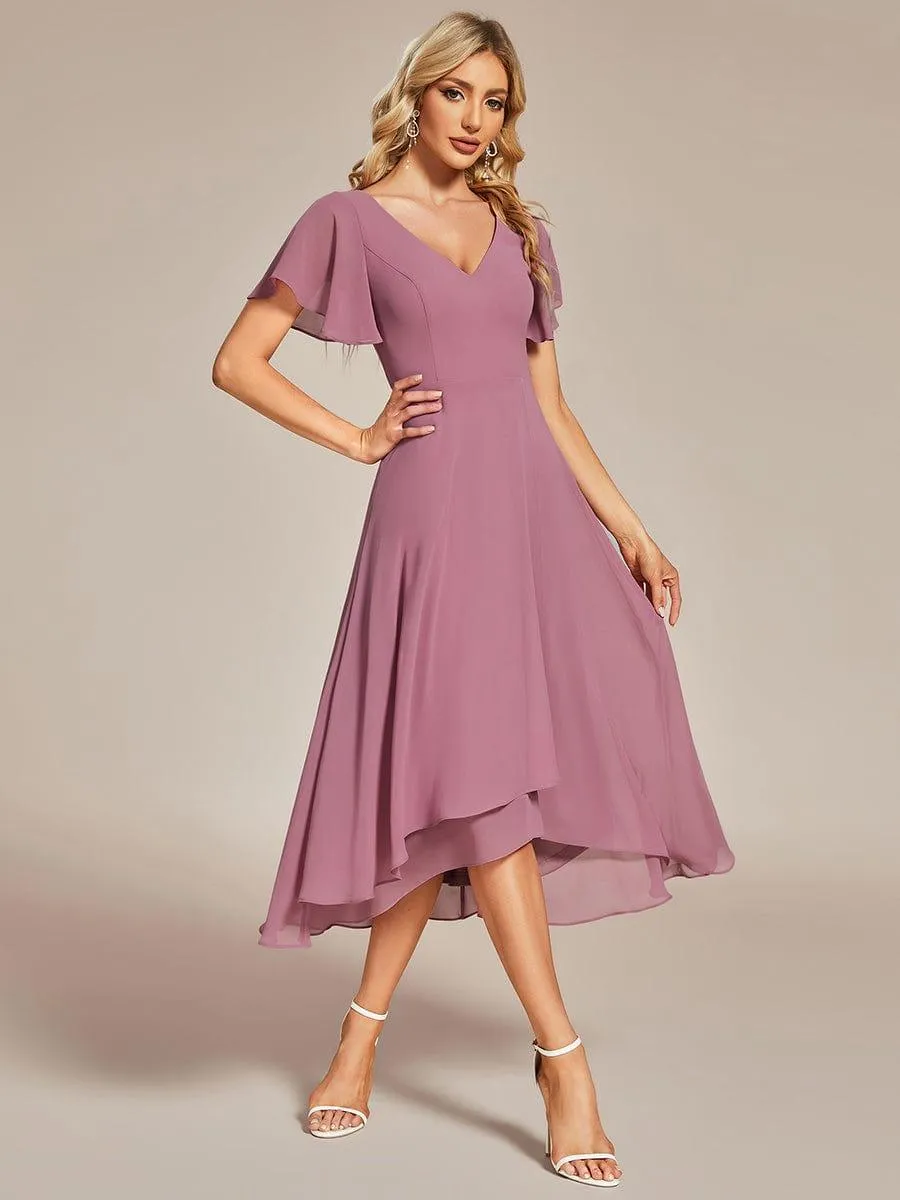Rina | Flowing Chiffon V-Neck Ruffle Sleeves Bridesmaid Dress