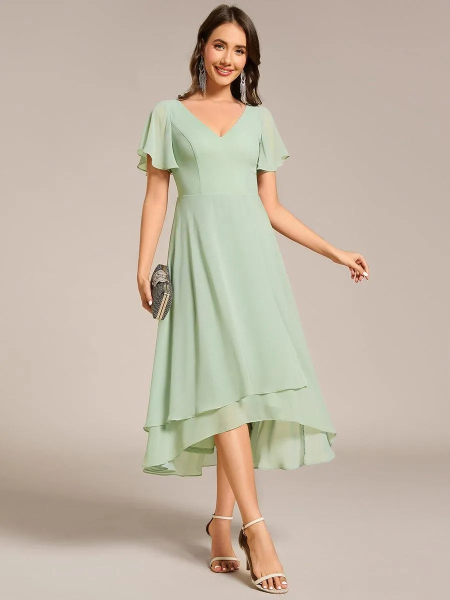Rina | Flowing Chiffon V-Neck Ruffle Sleeves Bridesmaid Dress