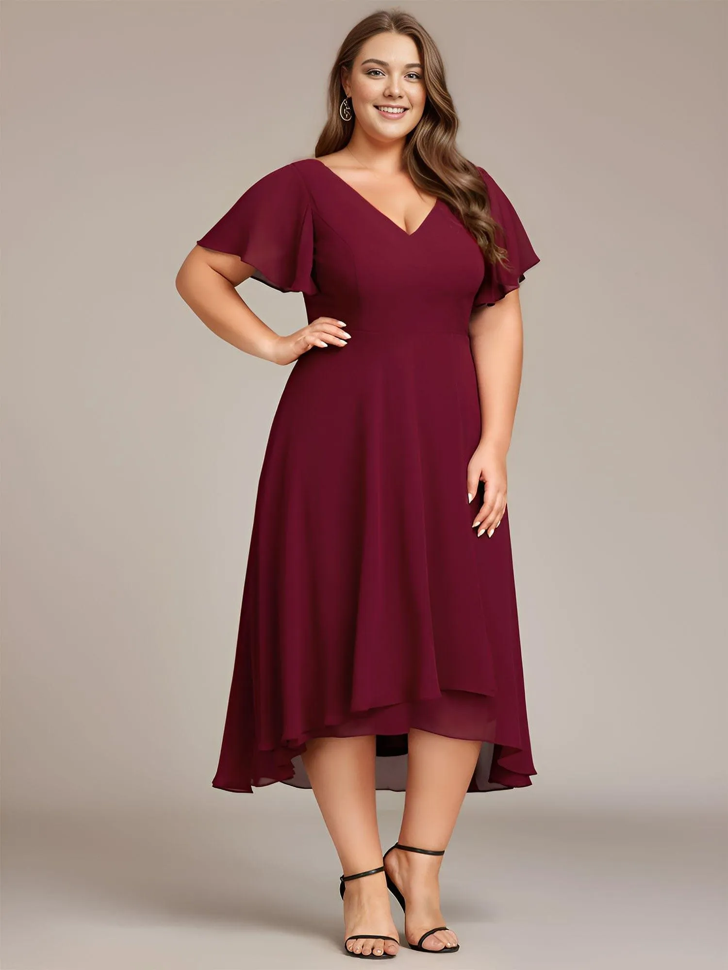 Rina | Flowing Chiffon V-Neck Ruffle Sleeves Bridesmaid Dress