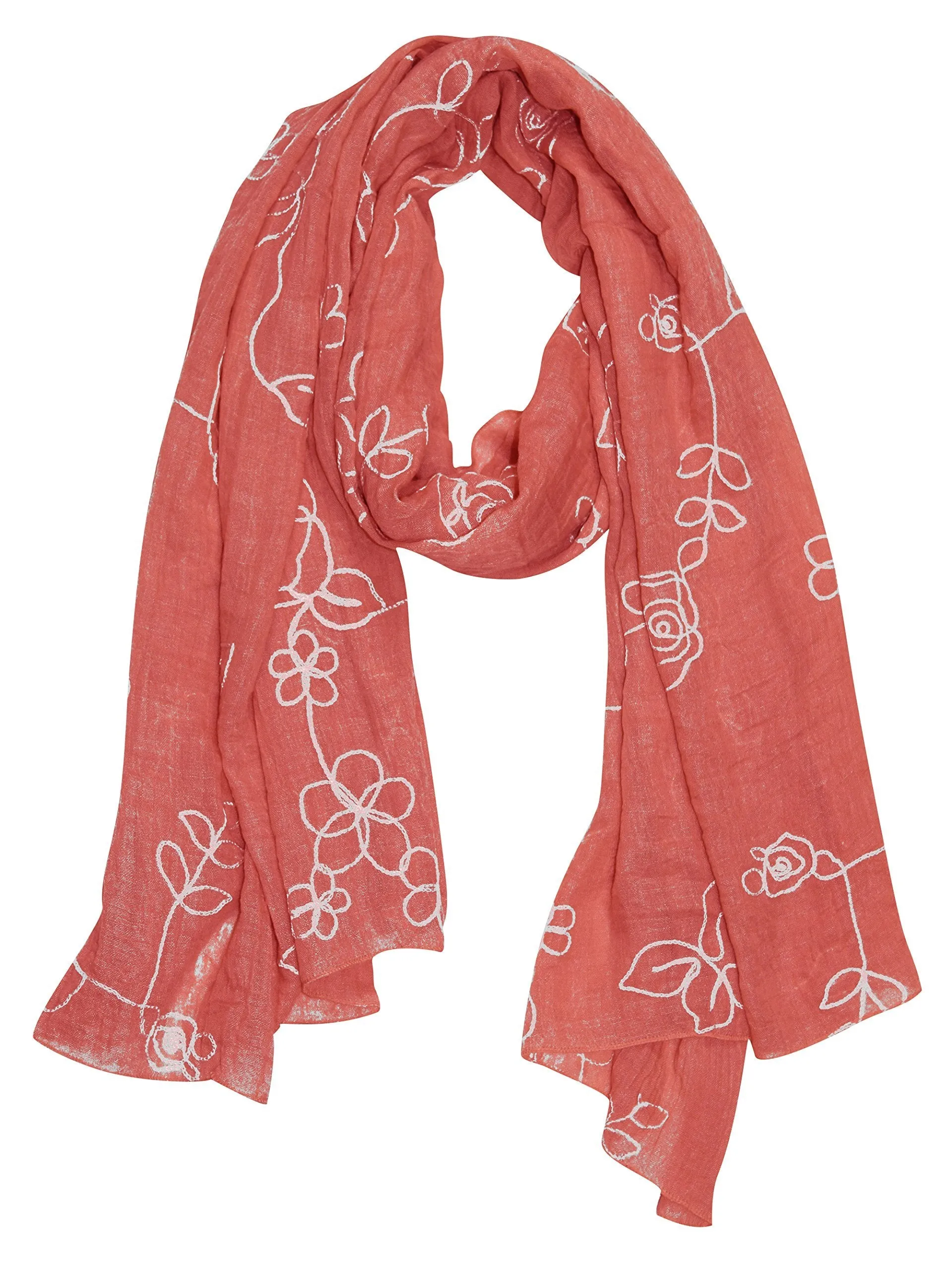 Rose Coral Peach Couture Sheer Soft Cloth Floral Embroidered Flower Summer Shawl Scarf Wrap