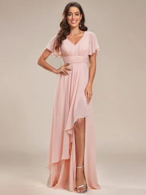 Ruffles Sleeve High Split Chiffon Evening Dress