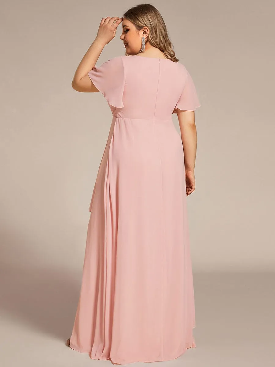 Ruffles Sleeve High Split Chiffon Evening Dress