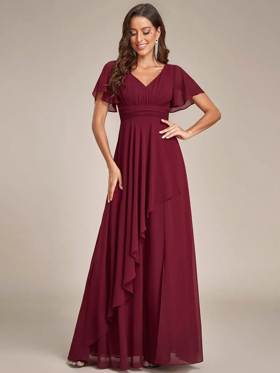 Ruffles Sleeve High Split Chiffon Evening Dress