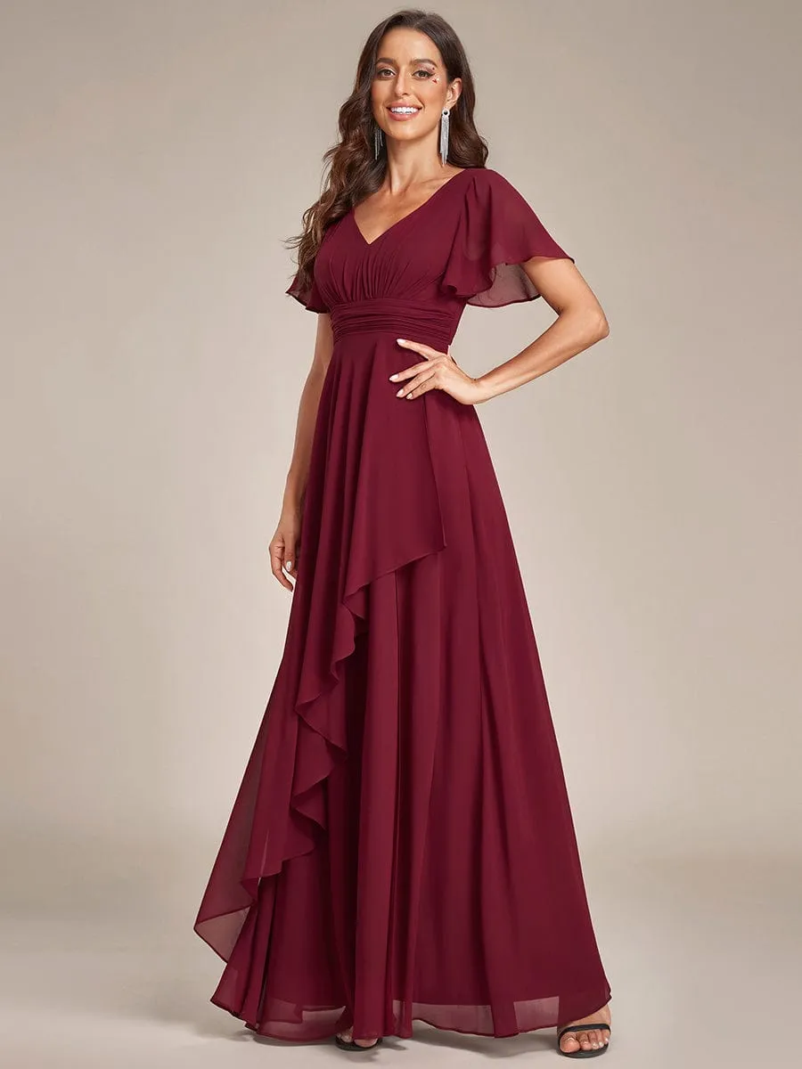Ruffles Sleeve High Split Chiffon Evening Dress