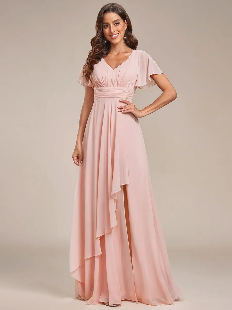 Ruffles Sleeve High Split Chiffon Evening Dress