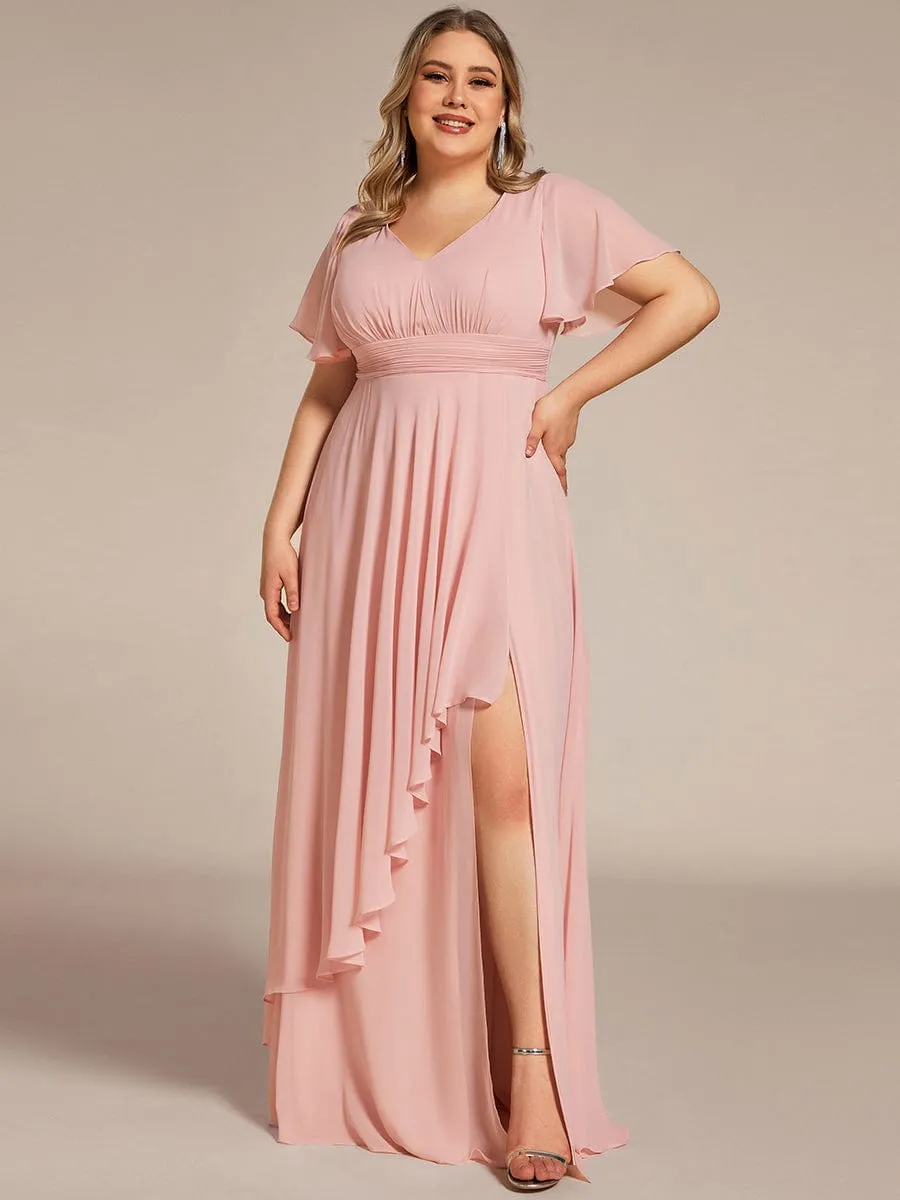 Ruffles Sleeve High Split Chiffon Evening Dress