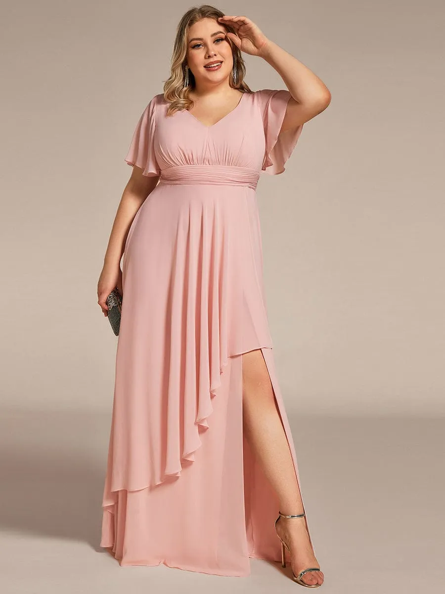 Ruffles Sleeve High Split Chiffon Evening Dress