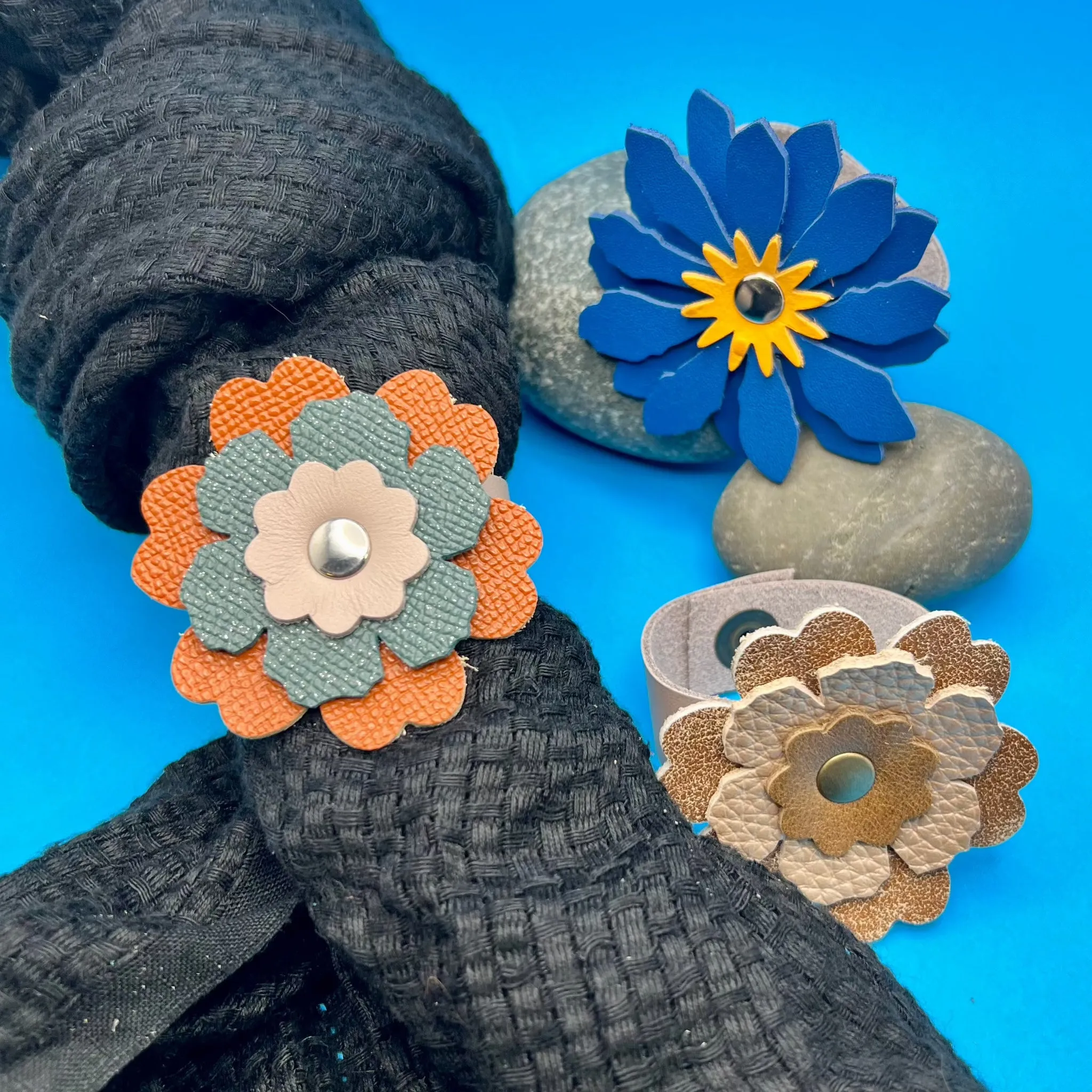 Scarf Cuff - Leather Flowers For Shawls, Scarves or Handbags