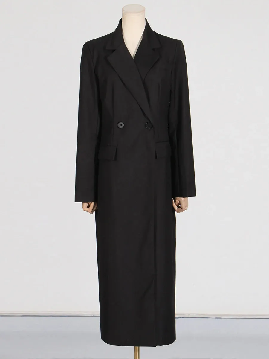 Spliced Pockets Notched Collar Long Sleeve Spliced Button Maxi Coat