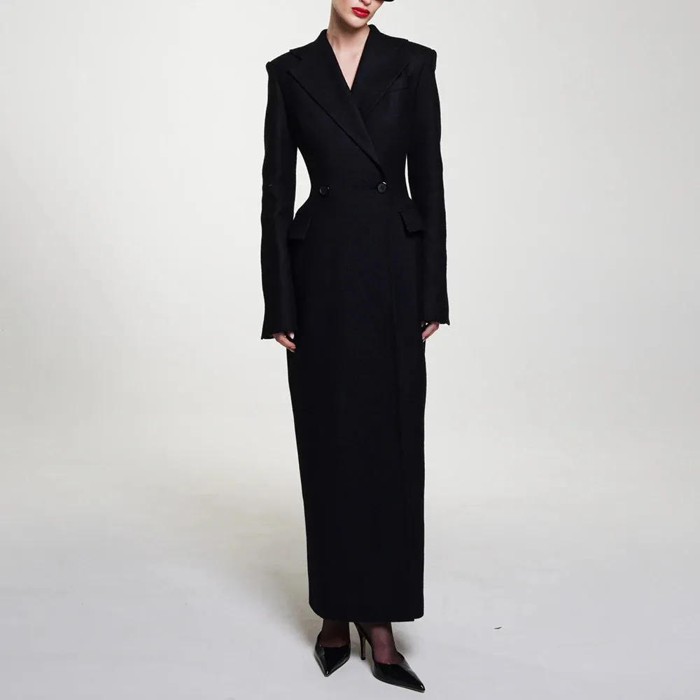 Spliced Pockets Notched Collar Long Sleeve Spliced Button Maxi Coat