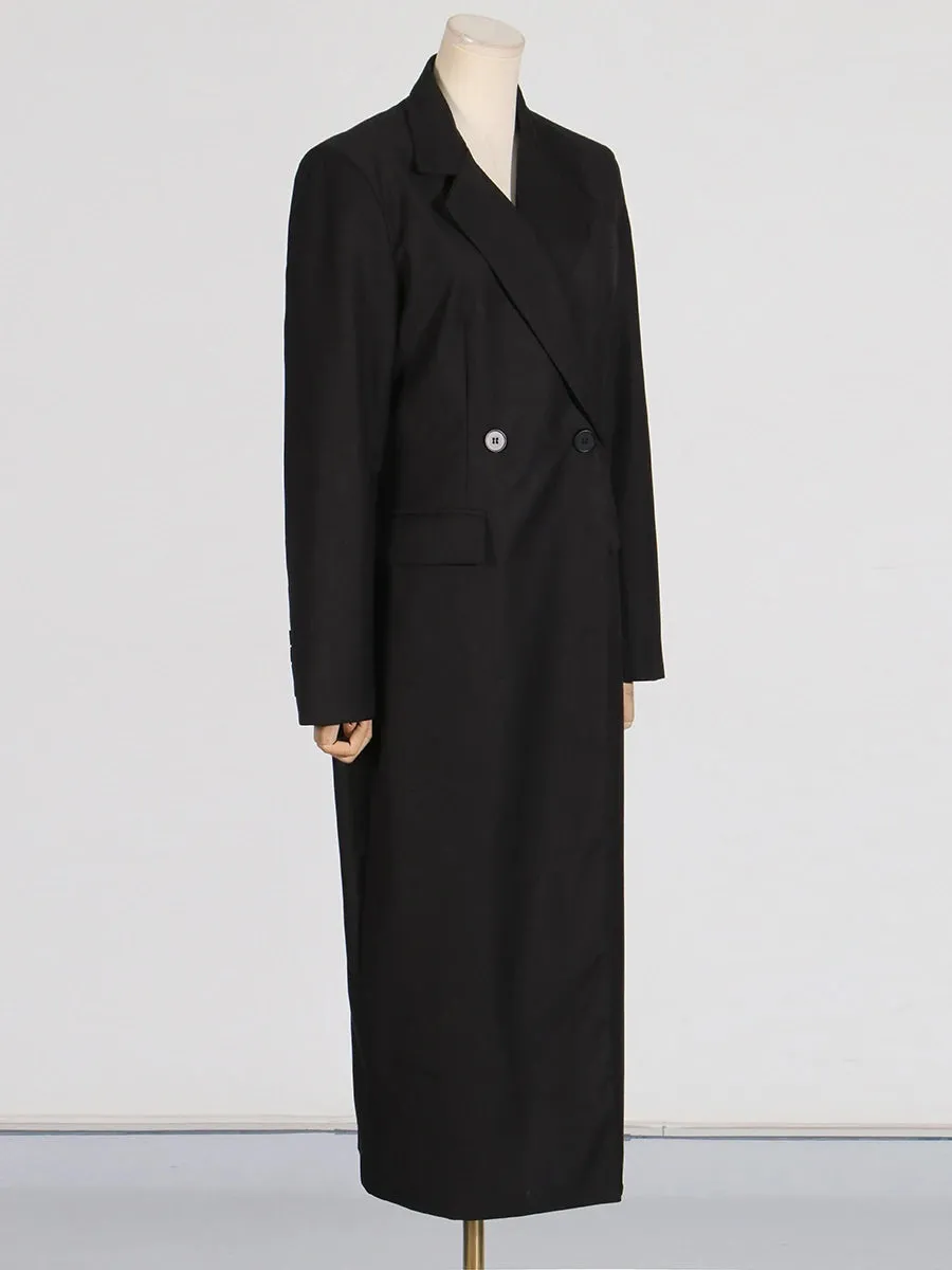 Spliced Pockets Notched Collar Long Sleeve Spliced Button Maxi Coat