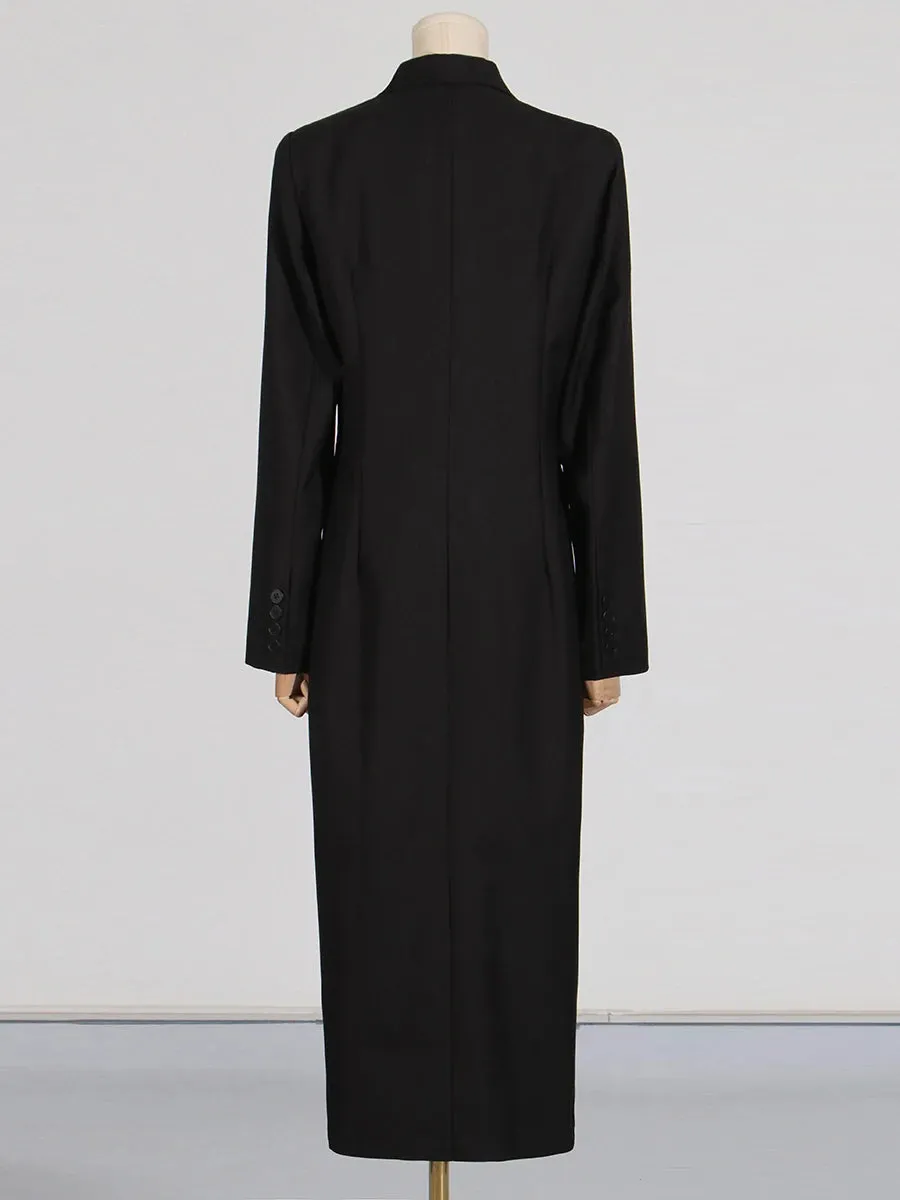 Spliced Pockets Notched Collar Long Sleeve Spliced Button Maxi Coat