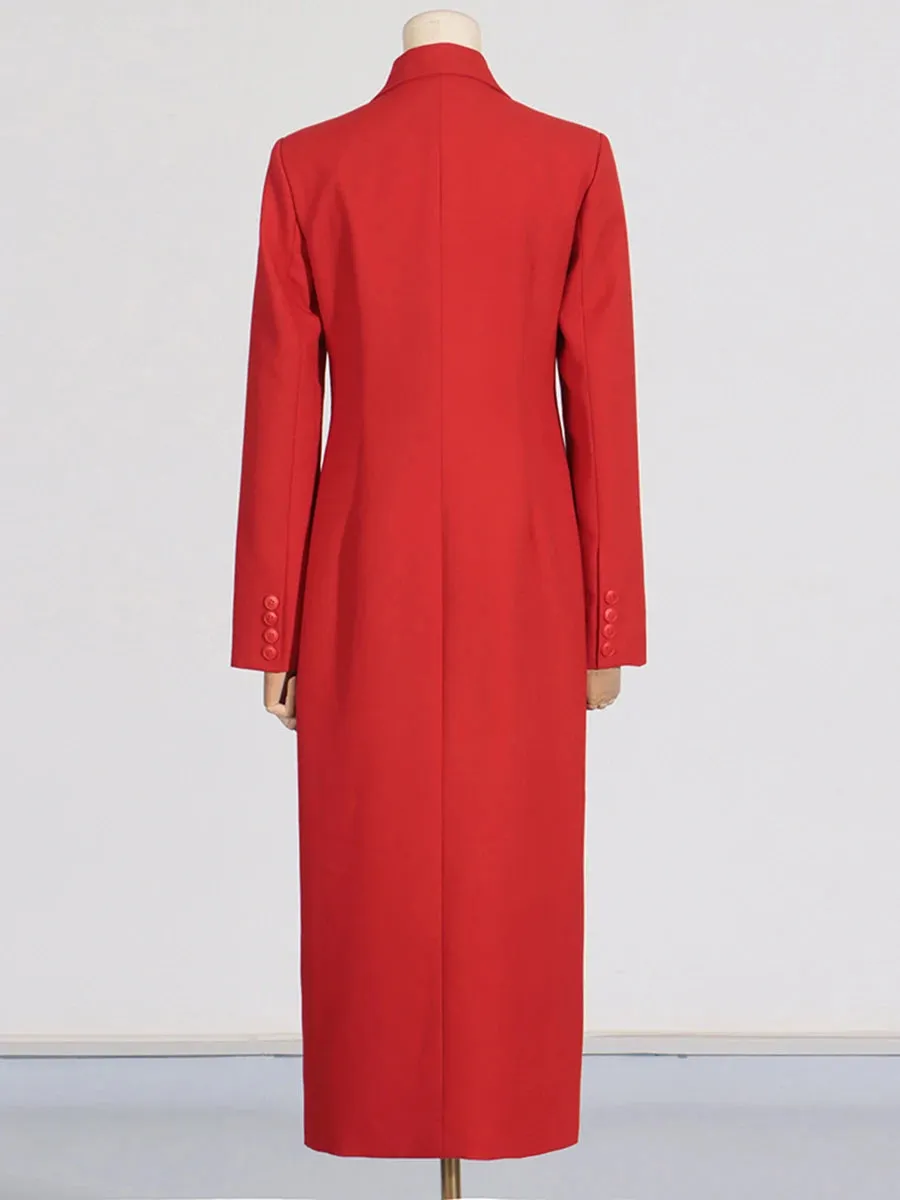 Spliced Pockets Notched Collar Long Sleeve Spliced Button Maxi Coat