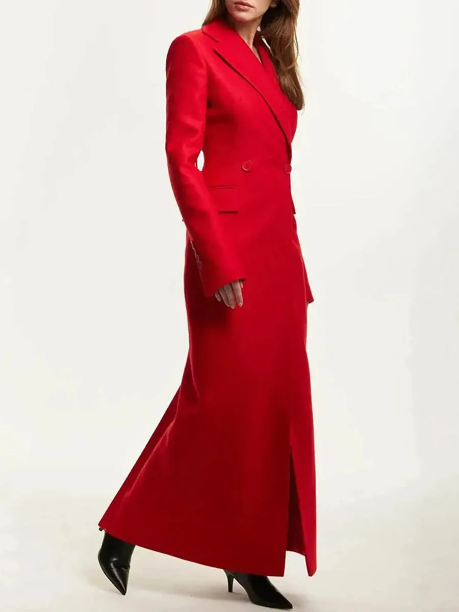 Spliced Pockets Notched Collar Long Sleeve Spliced Button Maxi Coat