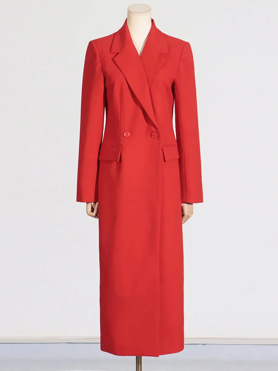 Spliced Pockets Notched Collar Long Sleeve Spliced Button Maxi Coat