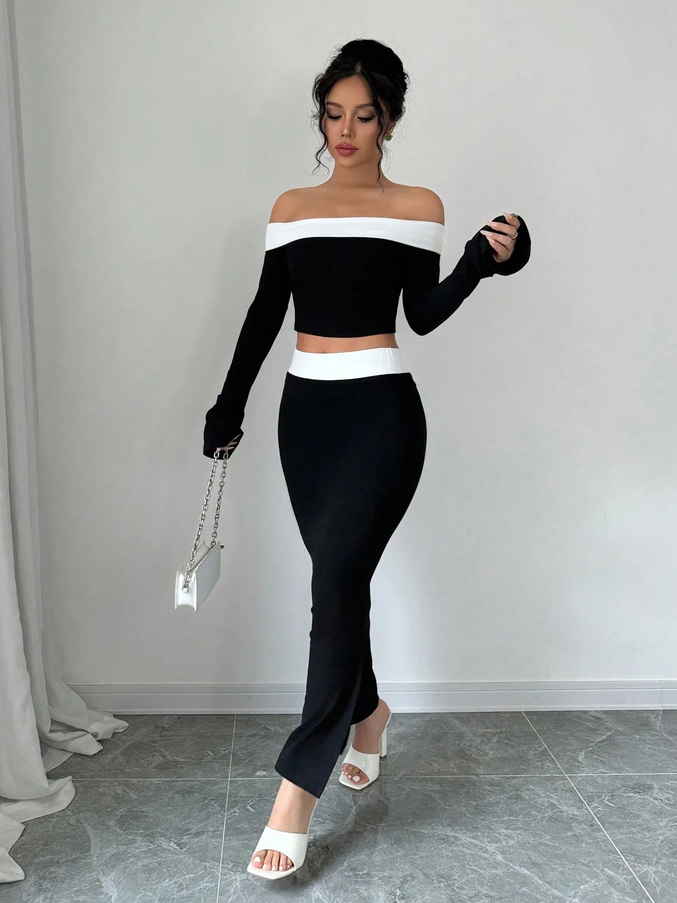 Spring/Summer Elegant Color Block Off Shoulder Cropped T-Shirt   Side Slit Fish Tail Skirt Outfit Set