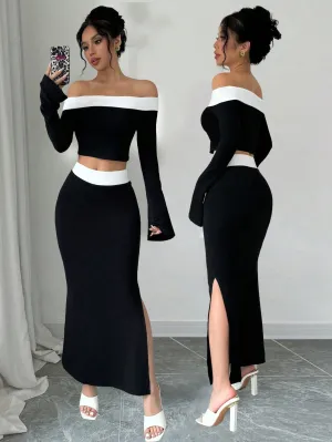 Spring/Summer Elegant Color Block Off Shoulder Cropped T-Shirt   Side Slit Fish Tail Skirt Outfit Set