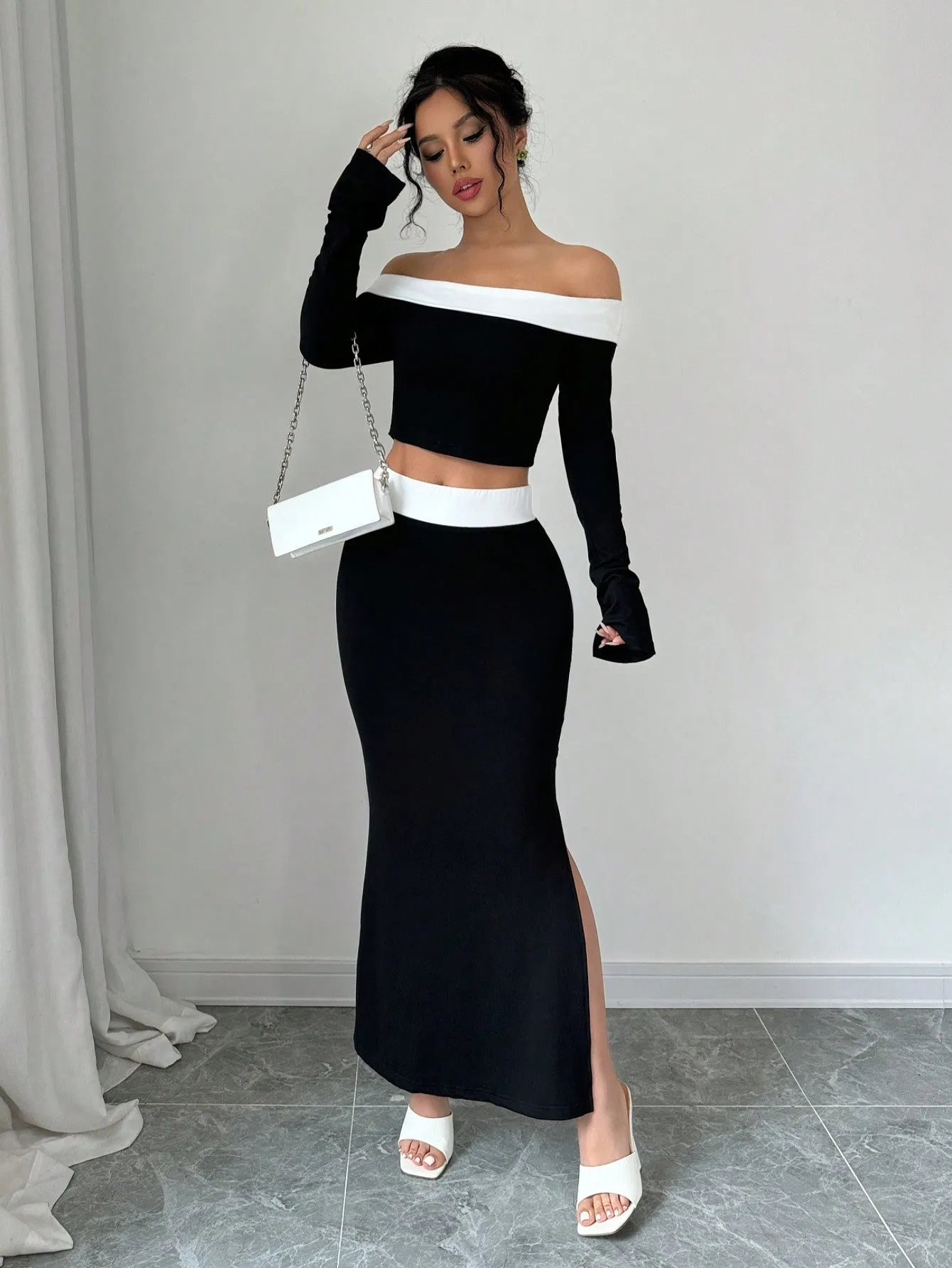 Spring/Summer Elegant Color Block Off Shoulder Cropped T-Shirt   Side Slit Fish Tail Skirt Outfit Set