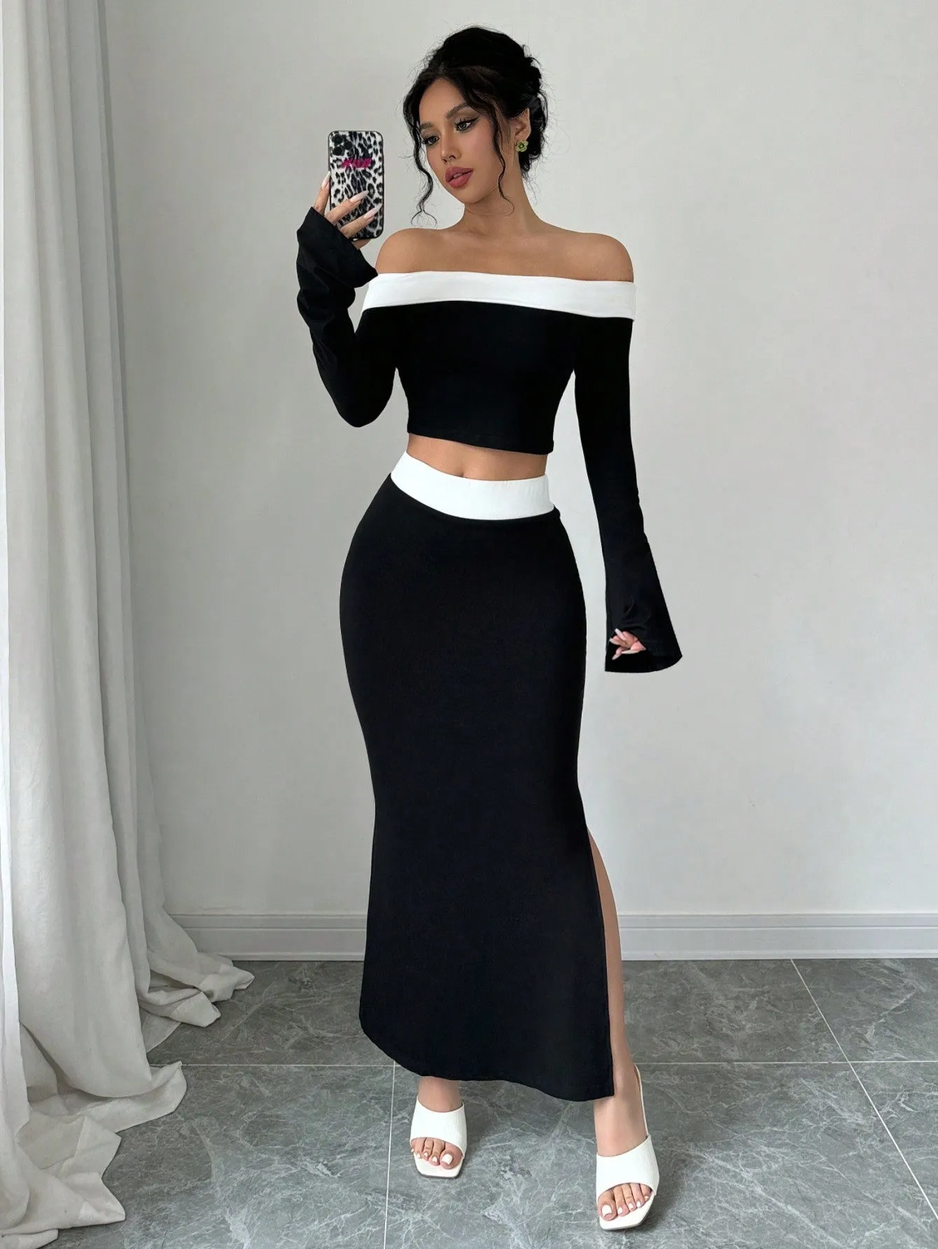 Spring/Summer Elegant Color Block Off Shoulder Cropped T-Shirt   Side Slit Fish Tail Skirt Outfit Set